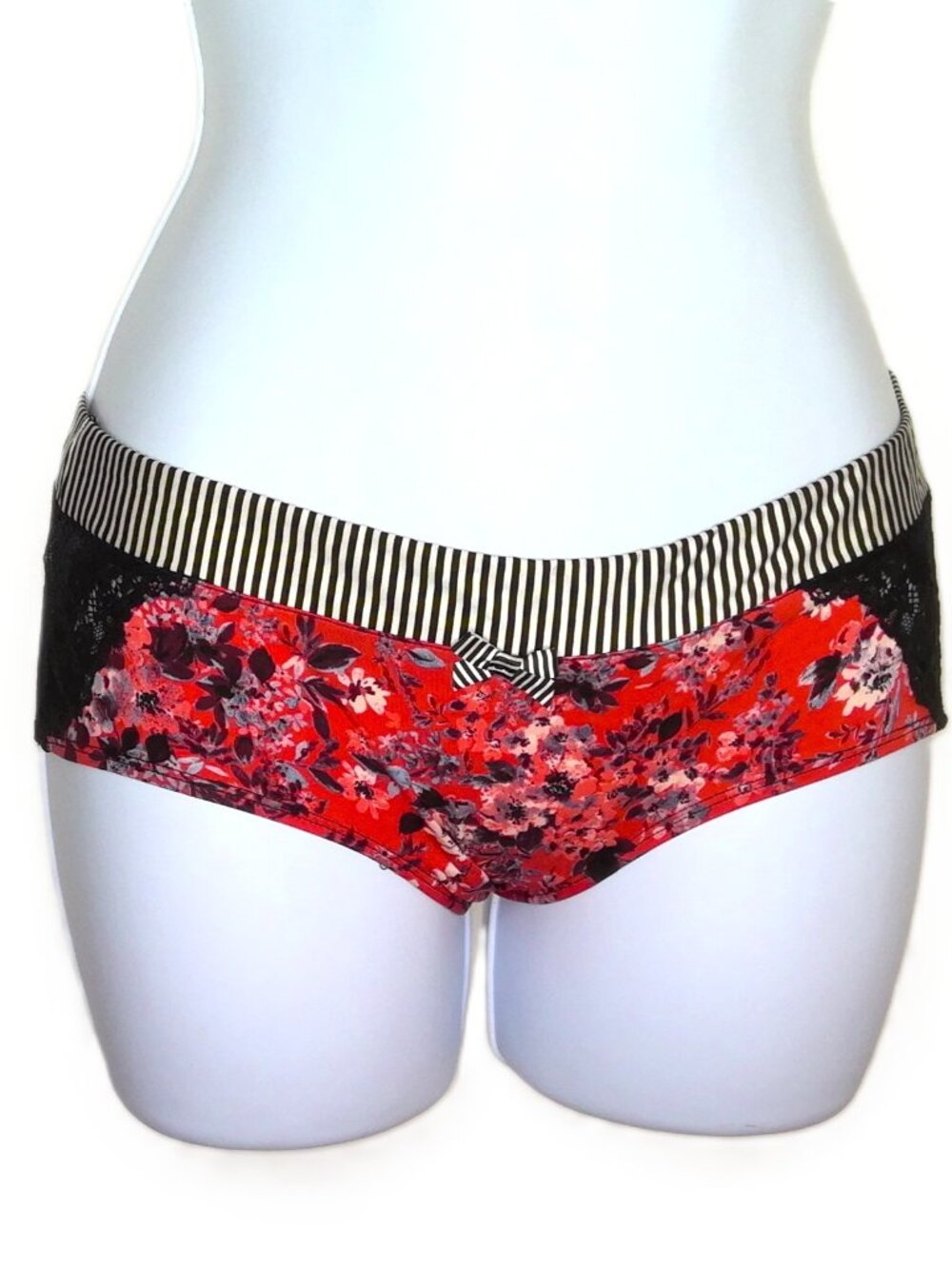 Gilligan & O'Malley Panties Floral & Stripes W/ Bow Sheer Black Lace Mesh Back M